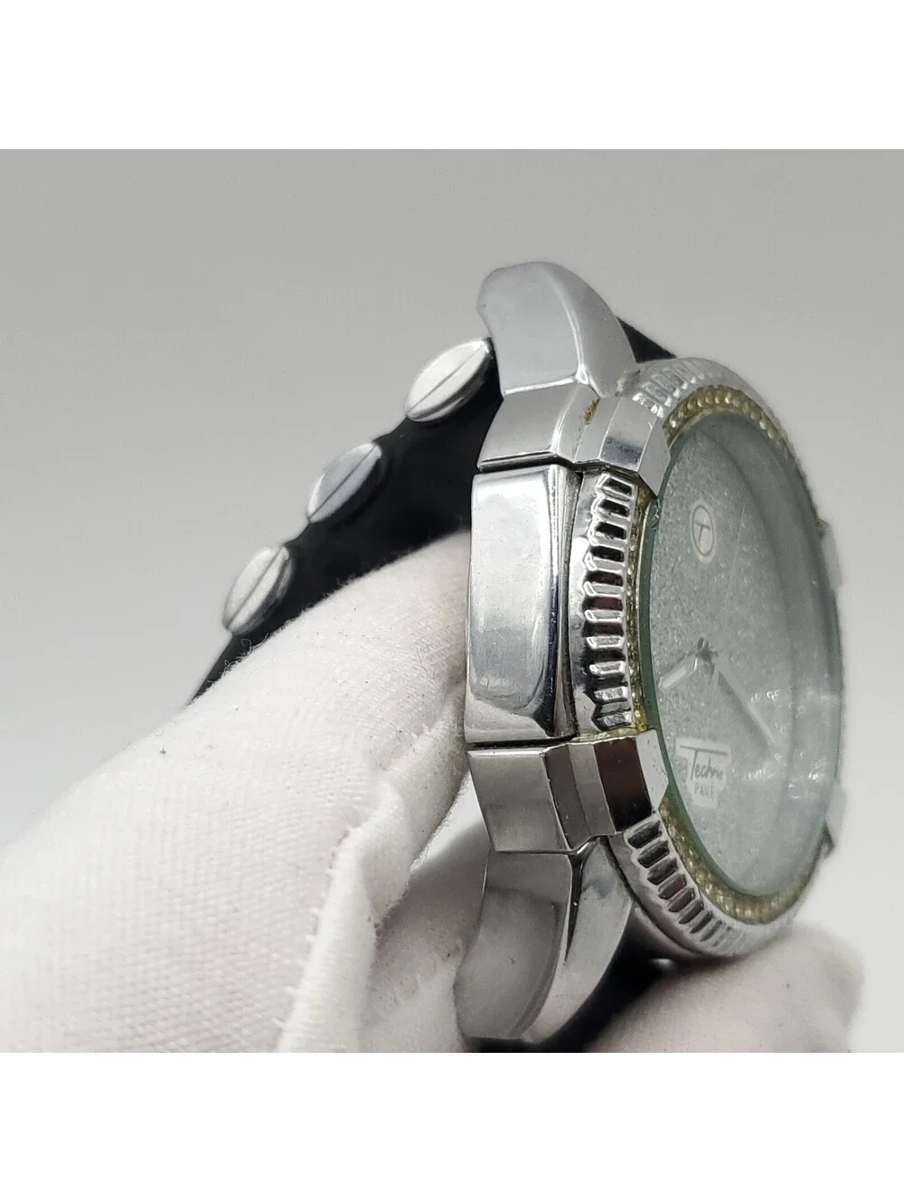 Techno Pave Mens Watch Silver Dial 45mm New Battery